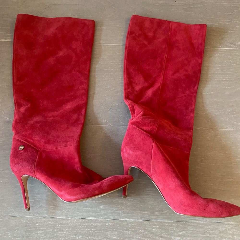 Louise et Cie, red,dressy,, suede, pull on,knee high boots with stiletto heel.